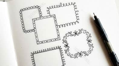 Hand drawn doodle frames in a sketchbook with a pen