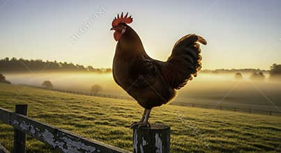 Majestic Rooster Crowing at Sunrise on Rustic Farm Fence Post