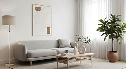Serene Scandinavian Living Room Interior with Light Gray Sofa and Large Fiddle Leaf Fig Tree