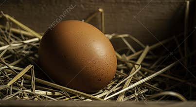 Rustic Brown Chicken Egg Resting in a Bed of Dry Hay Straw