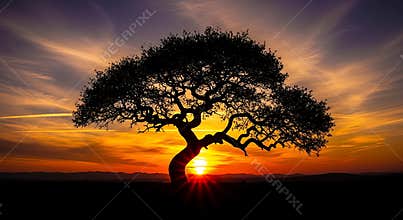 Striking Silhouette of Solitary Twisted Tree Against Fiery Orange Sunset Sky