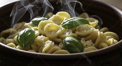 Steaming Hot Orecchiette Pasta with Fresh Basil and Sea Salt in Rustic Bowl