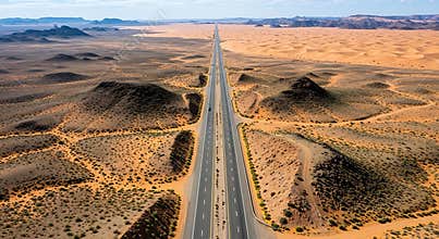 Aerial View of Long Straight Highway Cutting Through Arid Desert Landscape and Rolling Hills