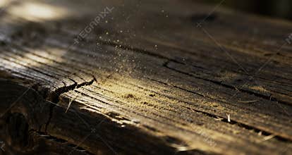 Close up of Fine Wood Dust Particles Illuminated by Dramatic Sunlight on Rough Timber Surface