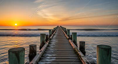 Wooden Pier Extending into the Ocean During a Vibrant Golden Sunrise