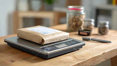Medium shot of a wireless digital postage scale powered by batteries placed on a wooden desk with a small package ready