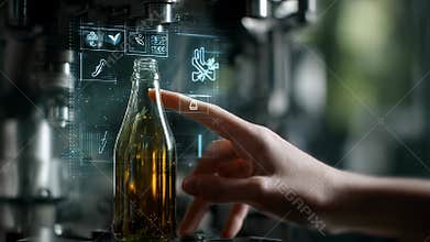 Food engineer using futuristic interface controlling production line of beverages