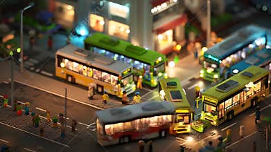 Miniature cityscape model featuring multiple buses and pedestrians at a busy street intersection.