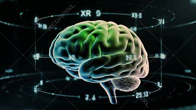 floating holographic brain with numeric grid, rotating volumetric scan with