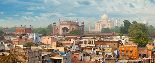 Panorama of Agra city, India. Taj Mahal in background
