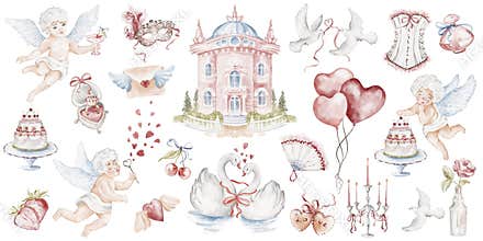 Watercolor Elements Set For Valentine Celebration And Invitations