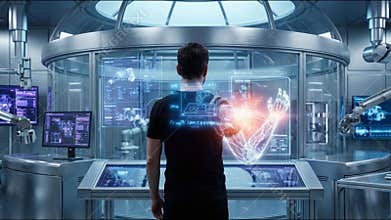 Man with Bionic Hand in Laboratory with Machines