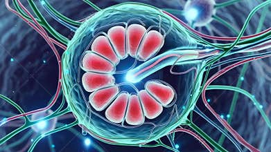 Closeup neuron synapse reveals spiral vesicles and glowing axon connecting to