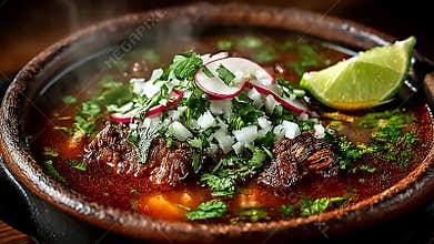 Steaming Authentic Mexican Birria Soup with Fresh Herbs and Lime