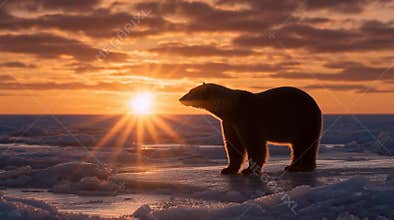 Silhouette of Polar Bear Against Sunset and Ice Field