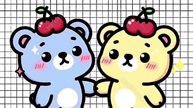 Two Adorable Cartoon Bears With Cherries On Their Heads Standing Side By Side