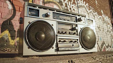 Vintage boombox stereo against a graffiti wall