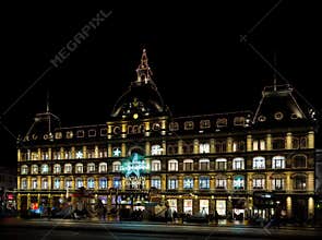 Magasin du Nord front facade during winter solstice night, Copenhagen, Denmark