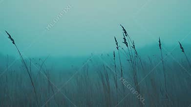 Dry grass stalks on a misty foggy morning