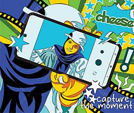 Pop Art Style Vector Illustration of Person Taking Selfie with Smartphone