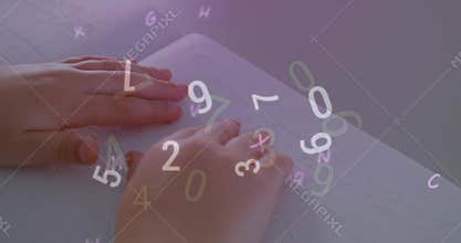 Animation of multiple alphabets and numbers floating over close up of a finger reading in braille