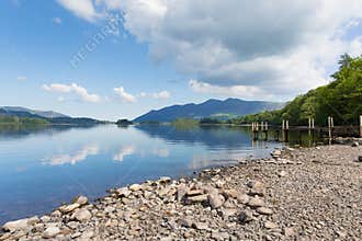 Derwent Water Lake District Cumbria England uk south of Keswick blue sky beautiful calm sunny summer day