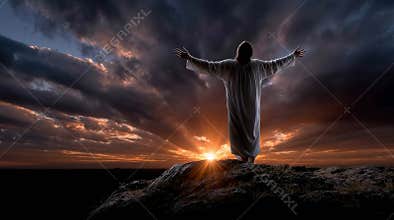 Silhouette of Jesus on Hill with Sunburst