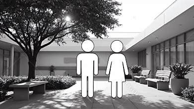 Black and White Stick Figures Standing in a Tranquil Garden Setting