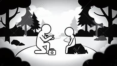 Animated Stick Figure First Aid in Forest Background Concept