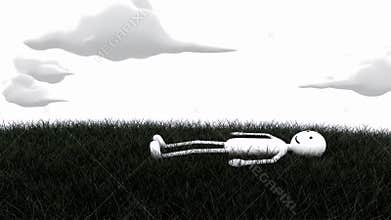 Stick Figure Lying on Black Grass with Cloudy White Sky Background