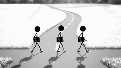 Three Stick Figures Walking with Briefcases on Asphalt Road in Minimalist Black and White Landscape