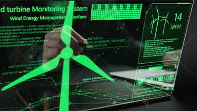 Futuristic wind turbine monitoring interface with data analytics for green energy management and sustainable solutions