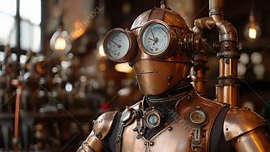Detailed Steampunk Robot Automaton with Intricate Copper and Brass Mechanisms in a Vintage Setting