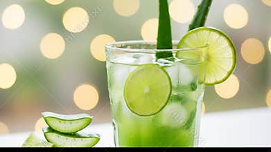Refreshing Aloe Vera and Lime Drink with Ice and Garnish