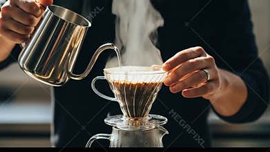 Barista making pour over coffee with steam rising