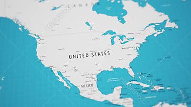 Smooth camera flyover across North America on a detailed political world map.