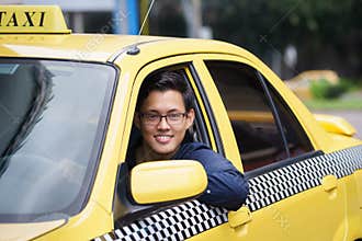 Portrait taxi driver smile car driving happy