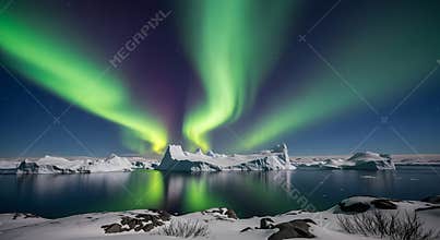 Northern Lights Aurora Borealis Display Over Snowy Landscape and Frozen Lake