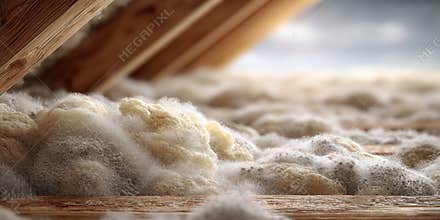 Close-up view of fluffy attic insulation material with wooden beams overhead