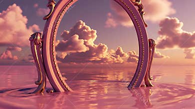 Ornate Arched Mirror Emerging from a Surreal Pink Ocean at Sunset