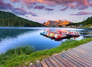 Colorful summer sunrise on the Lake Misurina, in Italy Alps, Tre Cime Di Lavaredo, Dolomites, Europe.