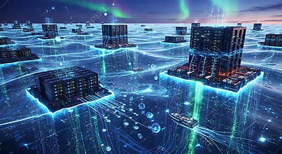Futuristic offshore data centers illuminate deep blue oceans beneath vibrant aurora borealis skies