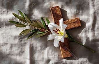 Wooden Cross with Lily and Olive Branch Sunlit Still Life