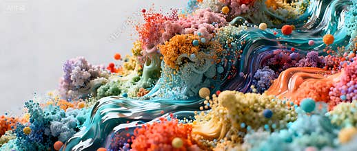 Abstract 3D render of colorful flowing waves and textured spheres