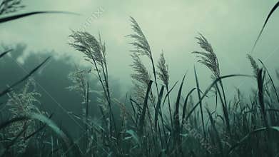 Tall reeds swaying in dense morning mist