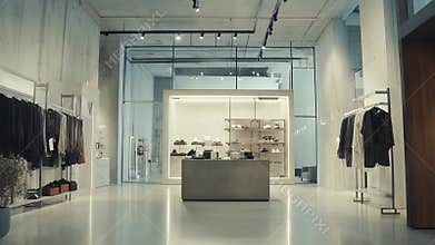 Upscale fashion boutique interior with apparel and accessories