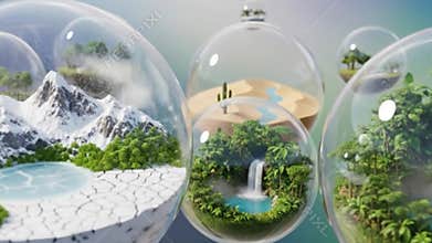 Floating ecosystem glass spheres showcase diverse biomes including snowy mountains desert and jungle