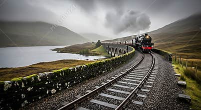 Classic steam train travels across an old stone viaduct on a scenic curved railway track