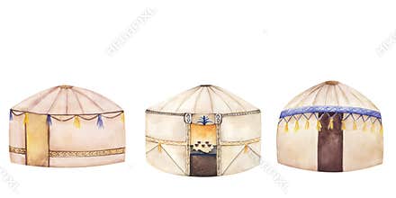 Watercolor nomadic yurts set traditional steppe dwellings isolated