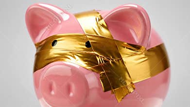 Blindfolded pink piggy bank rotating on white background